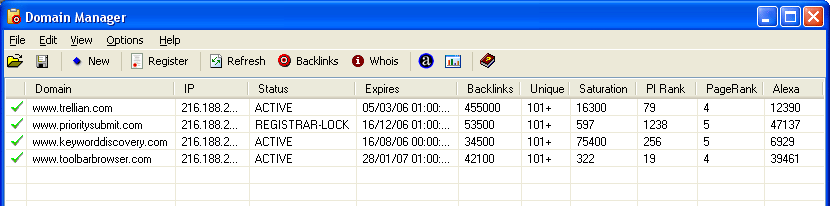 The SEO Toolkit 2 domain manager, showing Alexa ranking information